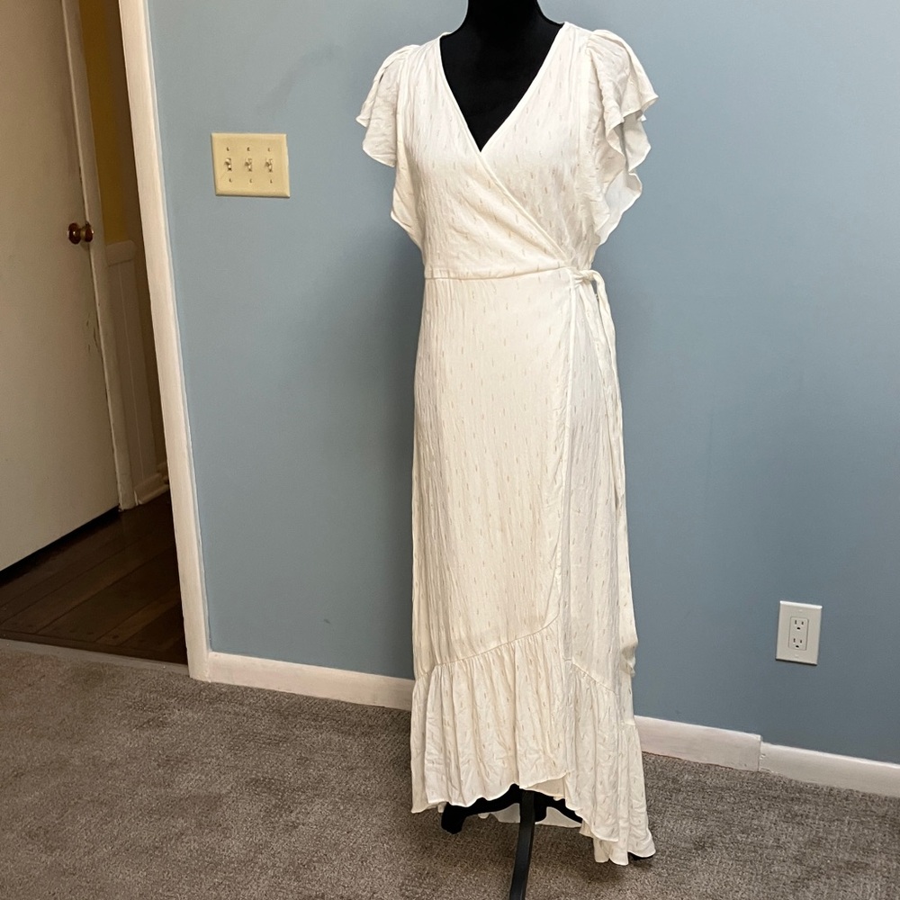White Ruffle High-Low Wrap Dress - Picture 2 of 9